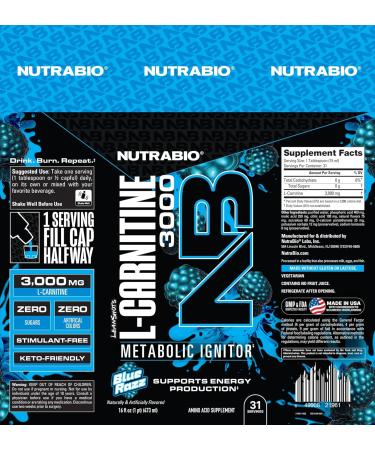NutraBio L-Carnitine Liquid Shots 3000mg (Blue Razz) 10mg of Vitamin B-5 Zero Carbs & Sugars Energy Production Muscle Recovery - Buy Online on GoSupps.com