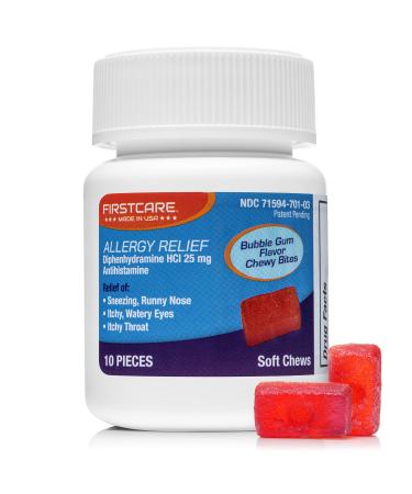FirstCare - 25MG Allergy Relief Diphenhydramine HCl Antihistamine Soft Chews 10 Count - Bubble Gum Flavor and Chewable Gummy Texture.