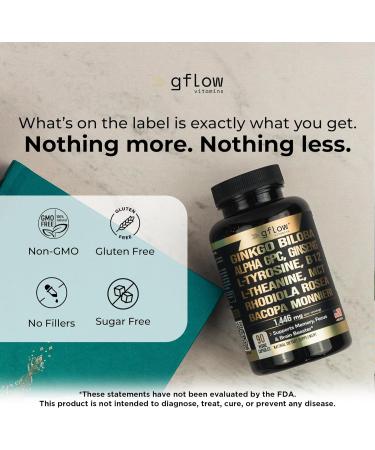 gflow vitamins Ginkgo Biloba Alpha GPC Supplement with Panax Ginseng L Tyrosine with L Theanine Bacopa monnieri Rhodiola Rosea Phosphatidylserine B12 MCT DMAE - Complex | Made in USA - Buy Online on GoSupps.com