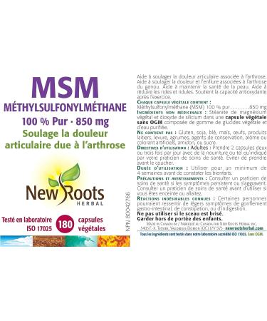 New Roots Herbal - MSM 100% Pure - 850 mg 180 Vegetable Capsules 180 count (Pack of 1) - Buy Online on GoSupps.com