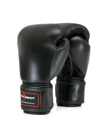Pro Impact Genuine Leather Boxing Gloves Black - Durable Knuckle Protection w/Wrist Support for Boxing MMA Muay Thai or Fighting Sports Training/Sparring Use (14 Oz)