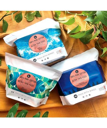Ultra Thin Unscented Pads with Wings - Super Absorbency 42 Ct - 100% Pure Cotton - Chlorine Free Top Layer - Buy Online on GoSupps.com