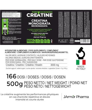 Creatine Monohydrate Powder 100% Pure Micronized No Additives Creatine Monohydrate Powder 100% Pure for Performance and Muscle Powder Unflavoured 166 Servings 500g J.Armor Pharma - Buy Online on GoSupps.com