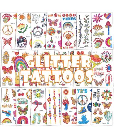 20 Sheets FANOST Glitter Hippie Temporary Tattoos for Kids - Assorted Groovy 70s Love and Peace Designs - Waterproof Fake Tie Dye Tattoos for Girls - Party Favors - Buy Online on GoSupps.com
