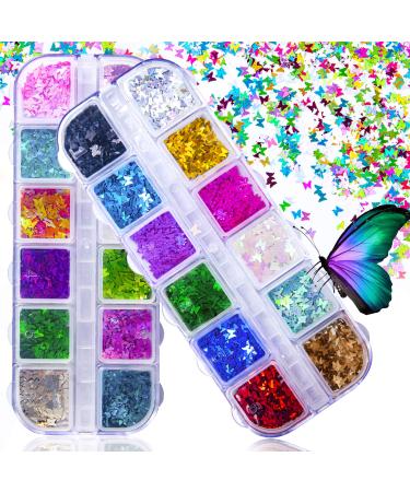 JOYJULY 3D Holographic Butterfly Nail Glitter 24 Color/Set Butterfly Nail Glitter Sequins Laser Butterfly Nail Sequin Acrylic Paillettes for Nail Art Decoration & DIY Crafting colorful