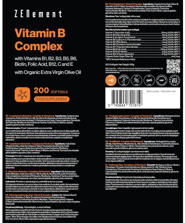 Vitamin B Complex With 8 Vitamins B + Vitamins C and E 200 Capsules | With Organic Extra Virgin Olive Oil | Energy Mood General Health | Non-GMO | Zenement - Buy Online on GoSupps.com