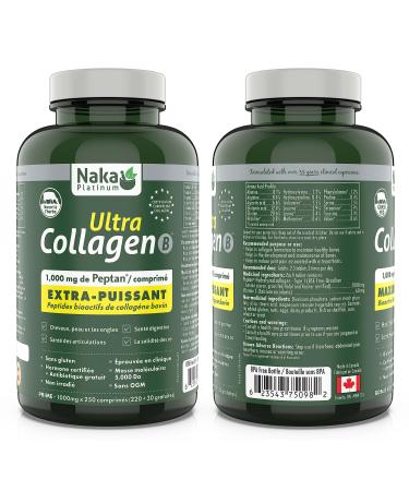 Naka Platinum Ultra Collagen featuring 1000 mg of Peptain each tablet Maximum Potency Bioactive Bovine Collagen Peptides. For Skin Nails Bones and Joints (250 tabs)