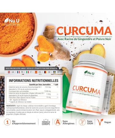 Turmeric Ginger and Black Pepper - 365 Vegan Capsules (1 Year) - 95% Turmeric - 720mg Turmeric per High Absorption Capsule - Made in Europe - Nu U Nutrition - Buy Online on GoSupps.com