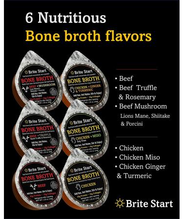 Brite Start Beef + Mushroom Bone Broth - 4 Pack Keto Friendly Concentrate - 16g Collagen 20g Protein - Grass Fed Beef Bones - Single Serve Packets 1.25oz - Buy Online on GoSupps.com
