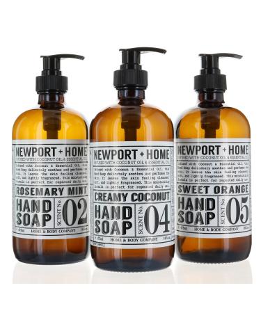 Set of 3 Newport Home Hand Soap Collection 16 FL/473ml each Infused With Coconut Essential Oils Rosemary Mint Creamy Coconut & Sweet Orange