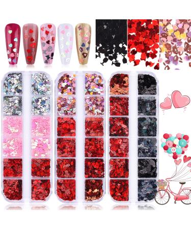 Kalolary 3 PCs Valentine's Day Nail Art sequins heart-shaped nail glitter sequins nail seedlets lip-shaped flower holographic nail seed seeds for manicure face body decoration-e