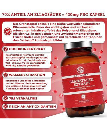 Buy Qidosha Pomegranate Extract Capsules | 70% Ellagic Acid | 180 Vegan Capsules | Premium 75:1 Extract | 1800mg Daily | German Quality - Buy Online on GoSupps.com