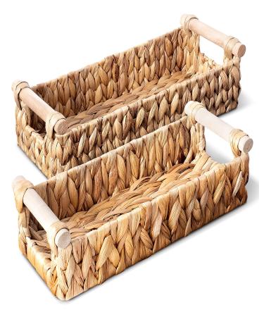 Toilet Paper Basket for Back of Toilet - Set of Two Small, Wicker, Hyacinth Bathroom Baskets for Toilet Paper and Towel Storage (Color: Light Brown)