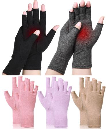 SATINIOR 5 Pairs Arthritis Compression Gloves Fingerless Compression Gloves Arthritis Gloves Joint Relief Gloves for Dailywork (Large), Black, Gray, Beige, Pink, Purple