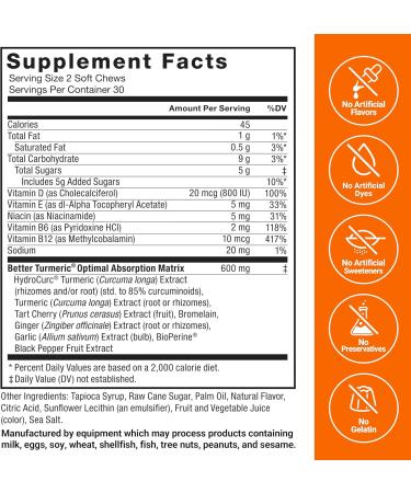 Force Factor Turmeric Inflammation Supplement for Joint Support - HydroCurc Curcumin with Black Pepper & Garlic - 60 Soft Chews - Buy Online on GoSupps.com