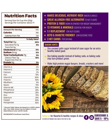 SunFlour Sunflower Seed Flour for Baking - Low Carb, Gluten and Grain Free, Nut Free - Keto, Paleo, Vegan, Diabetic Friendly - 3 Net Carbs, Natural Plant Protein - 12oz - Buy Online on GoSupps.com