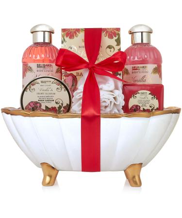 BRUBAKER Cosmetics Bath Gift Set Peony & Vanilla with Ceramic Shell-Shaped Tub 7-piece