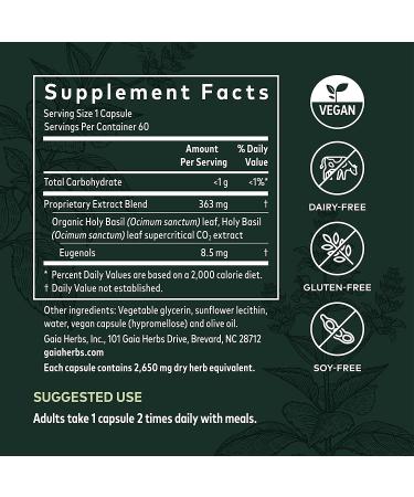 Gaia Herbs Holy Basil Leaf - 60 Vegan Liquid Phyto-Caps for Stress Relief & Wellness - Buy Online on GoSupps.com