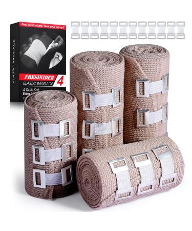 FRESINIDER Elastic Bandage Wrap 4 Pack(2 X 3" + 2 X 4" Wide Rolls) + 24 Clips | Stretch Compression Bandage Stretches up to 15ft | Ideal for Medical, Sports, Sprains, Calf, Ankle & Foot 4 Count (Pack of 1)