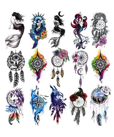 PADOUN15- Sheets Indian Dream Catcher Feather Mermaid Half Arm Sleeve Waterproof Temporary Tattoos Girl Women Party Gift Perfect For A Quinceanera Masquerade Dream Catcher (15 Sheets)