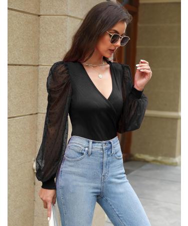 Fayenne Womens Tops Deep V Neck Cross Wrap Sexy Tops Polka Dot Mesh Long Sleeve T Shirt Casual Blouses L Black - Buy Online on GoSupps.com