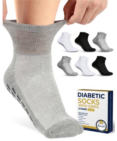 Diabetic Ankle Socks for Men & Women with Grips | 6 Pairs 1/4 Length Wide Non Binding Non Slip Diabetic Socks for Men & Women Large 2 Black / 2 Grey / 2 White - 6 Pairs