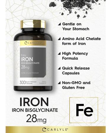 Carlyle Easy Iron 28mg 300 Capsules | Non-GMO, Gluten Free Gentle Formula | Iron Bisglycinate - Buy Online on GoSupps.com
