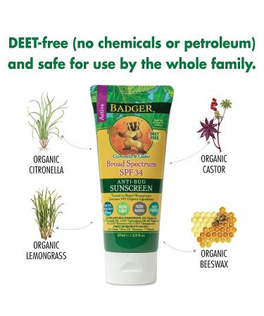 Badger Anti-Bug Sunscreen SPF 34 PA+++ | Citronella & Cedar | 2.9 fl oz - Buy Online on GoSupps.com