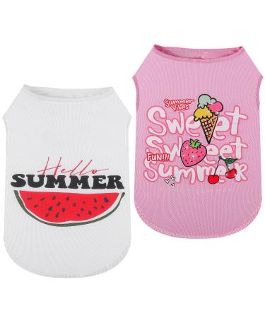 Dog shirt for medium-sized dogs-sweet puppy shirt with soft stripes sleeveless T-shirt summer fun fruit pressure light and breathable pet shirts 2 pieces of medium pink+watermelon
