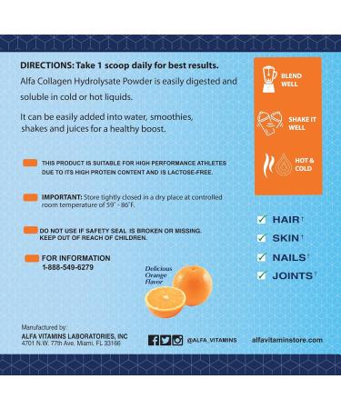 ALFA VITAMINS CollagenC Hydrolysate Peptides Powder Supplement with 1 000mg Vitamin C - Premium Quality Source of Nutrients - Skin Hair Nails Immune Boost & Joints Support - Orange Flavor -11 OZ - Buy Online on GoSupps.com