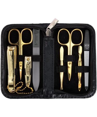 3 Swords Germany - brand quality 8 piece manicure pedicure grooming kit set for professional finger & toe nail care scissors clipper fashion leather case in gift box Made by 3 Swords (000910) BLACK / OSTRICH - TOOLS GILT