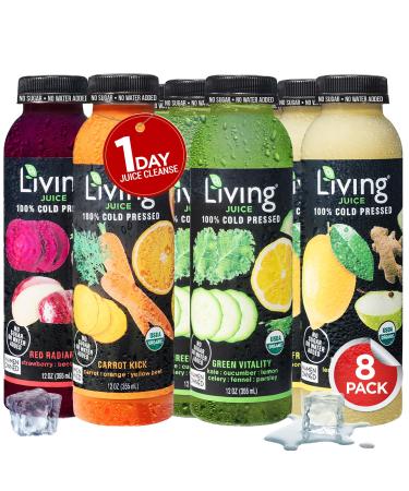 O2 Living Juice Cold Pressed Drink - 1-Day Organic Juice Cleanse Pack - No Added Sugars or Water Natural Sweetness from Fruits Rich in Nutrients & Vitamins - Refreshing & Non-GMO - 8 Pack 12 fl oz Juice Cleanse 12 Fl Oz