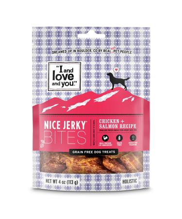 "I and love and you" Nice Jerky Bites - Soft Grain Free Dog Treats for Large and Small Dogs, Puppies and Adults, Great for Training (Variety of Flavors) Salmon + Chicken 4 Ounce (Pack of 1)