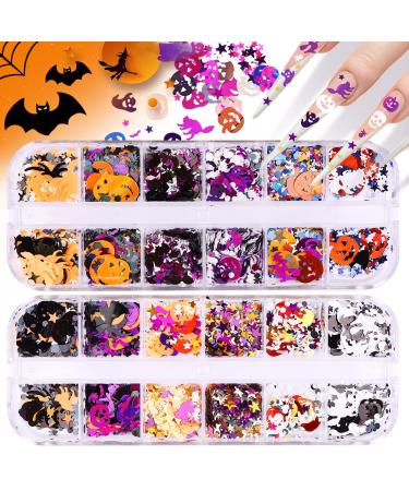 EBANKU 2 Boxes Halloween Nail Art Glitter Sequins 3D Holographic Spider Pumpkin Witch Bat Confetti Glitter for Acrylic Nails Halloween Party Decor