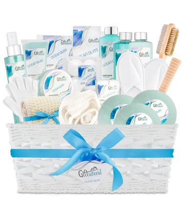 Ocean Bliss Extra Large Spa Bath Gift Basket,Great Christmas Gift, Includes 3 Bath Bombs, Shower Gel, Bubble Bath, Lotion, Scrub, Pumice Brush, Glass Candle, Slippers, Massage Stick & 5 More Items