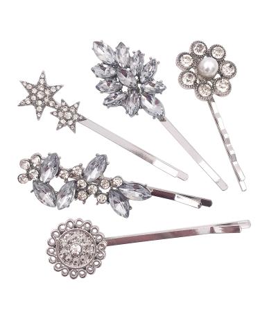 5-Pack Vintage Crystal Decorative Bobby Pins Hair Accessories Silver Tone Women