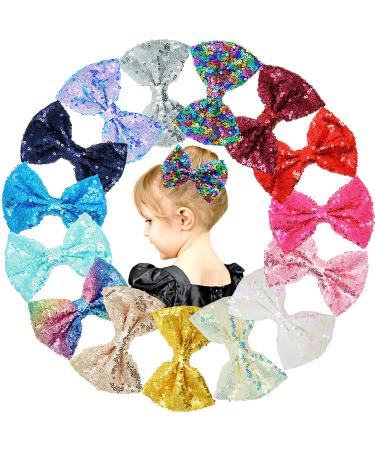 15 Colors 5 Inches Party Festival Bling Sparke Sequins Hair Bows Alligator Clips for Baby Girls Toddlers and Kids 5 Inch (Pack of 15)