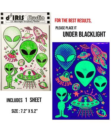 Alien UFO Design UV Reactive Temporary Tattoos - Glow in the Dark Body Art for EDM EDC Rave Parties | Blacklight Festival Accessories - 1 Sheet - Buy Online on GoSupps.com
