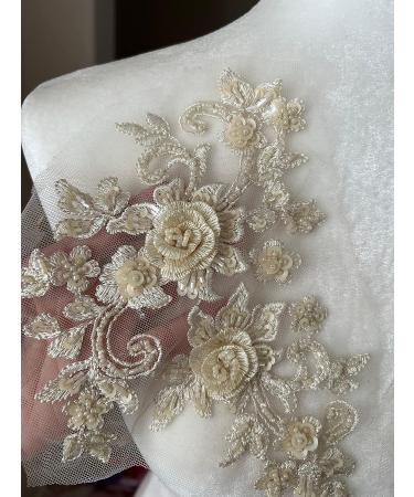 PEPPERLONELY 3D Lace Beaded Sequins Flower Applique, 8.5 x 6 Inches, Champagne - DIY Wedding Dress Sewing Patch - Buy Online on GoSupps.com