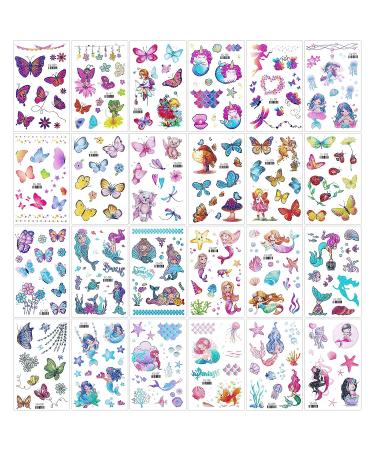 Konsait Glitter Temporary Tattoos for Girls - 24 Butterfly Mermaid Fairy Flowers Stickers | Waterproof Fake Tattoos for Kids Birthday Party Favors - Buy Online on GoSupps.com