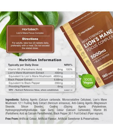 Lions Mane Supplement 5000mg | Focus Complex with Vitamin B5 & Black Pepper | Lion's Mane Mushroom Mental Performance Supplement | 180 Vegan Tablets | by Horbaach - Buy Online on GoSupps.com