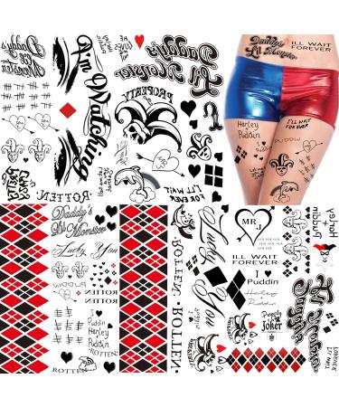 TASROI 5 Sheets Harley Quinn Tattoo Stickers For Women Men Adults Fake Joker Harley Quinn Tattoos Suicide Squad Birds of Prey Temporary Tattoos Halloween Face Makeup Harley Quinn Costume Accessories