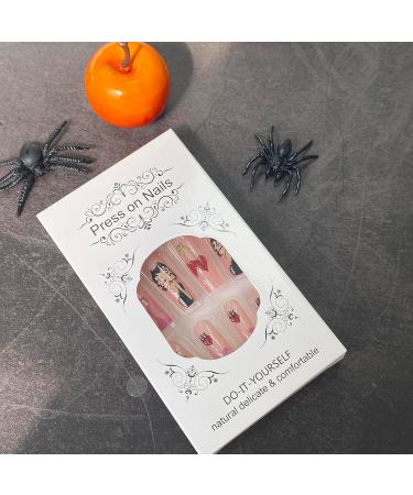 Shop 24pcs Halloween Press-On Nails - Cherry Flame Heart Designs | Long Nude Acrylic Cute False Nails for Women - Stick On Artificial Nails with Glue - Perfect for Festivals - Buy Online on GoSupps.com