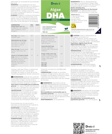  Dreizol DHA Algae - Omega-3 Highly Dosed Micro-Algae - Vegan DHA with Vitamin E - Lemon Mint Flavour - Gluten and Lactose Free - 100ml - Buy Online on GoSupps.com