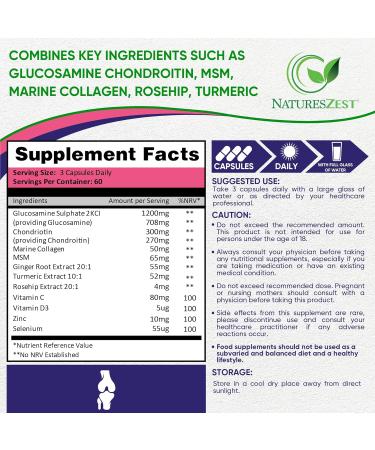 High Strength Glucosamine & Chondroitin Capsules with MSM - 180 Capsules with Vitamin C, Rosehip, Turmeric, Curcumin & Marine Collagen | UK Made by Natures Zest - Buy Online on GoSupps.com