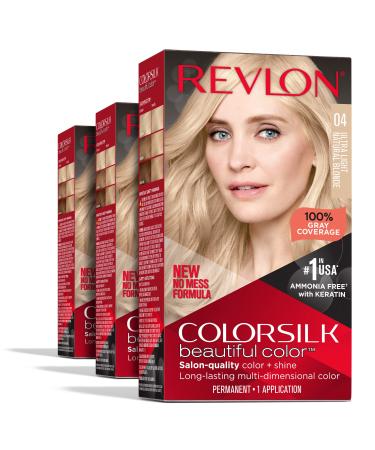 Permanent Hair Color by Revlon, Permanent Blonde Hair Dye, Colorsilk with 100% Gray Coverage, Ammonia-Free, Keratin and Amino Acids, Blonde Shades (Pack of 3) 04 Ultra Light Natural Blonde