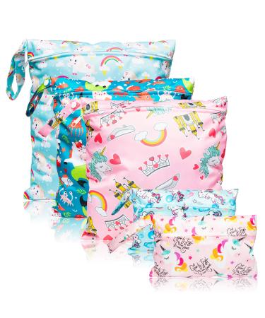 R HORSE 5Pcs Waterproof Reusable Wet Bag Diaper Baby Cloth Diaper Wet Dry Bags with 2 Zippered Pockets Travel Beach Pool Bag with Unicorn Pattern (3 Sizes) Pink Blue