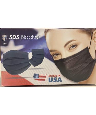 SDS Blocker Face Mask Black 50ct. Made in USA with Enhanced 50gsm Non Woven Material and Flat Wide Ear Loops for Extra Comfort. Please Note Inner Layer Shows The White melt Blown Material.
