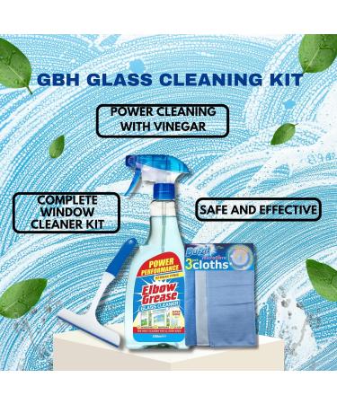Window Cleaner Kit by Great British Home - Elbow Grease Glass Cleaner with Vinegar 500ml 3 pack Microfibre Cloths and Squeegee for Shower and Window - Buy Online on GoSupps.com