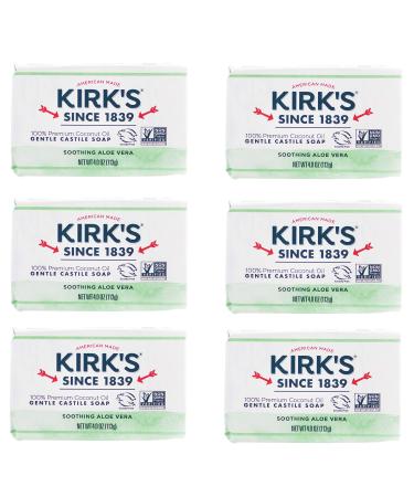 Kirk's Castile Bar Soap Clean Soap for Men Women & Children | Premium Coconut Oil | Sensitive Skin Formula Vegan | Soothing Aloe Vera | 4 oz. Bars - 6 Pack Soothing Aloe Vera 4 Ounce (Pack of 6)